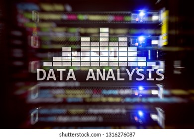 Big Data analysis text on server room background. Internet and modern technology concept.