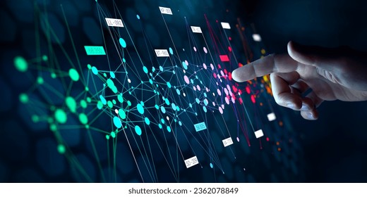 Big data analytics with AI technology. Data analyst analyzing and visualizing complex information network with artificial intelligence. Machine learning algorithm for business analytics and finance. - Shutterstock ID 2362078849