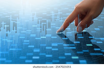 Big data analytics and binary data processing.Digital data and graph visualization technology. Analyst touching numbers.