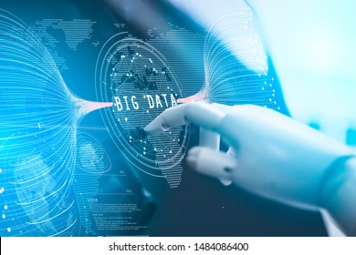 Big data analytics and business intelligence (BI),software development,Fintech,Smart city, IoT concept. Robotic analysis at futuristic interface screen.AI in big data management.