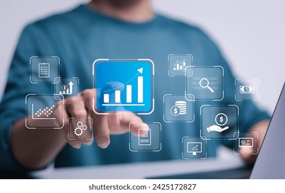 Big data analytics and business intelligence concept. Increasing income financial chart. Person use laptop to analyzing growing chart and showing successful increase in business profit.