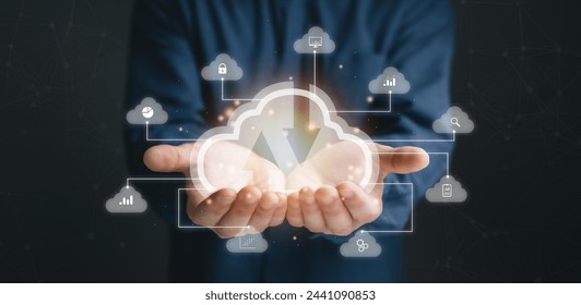Big data analytics and business intelligence concept with chart and graph icons on a digital screen interface and a businessman in background