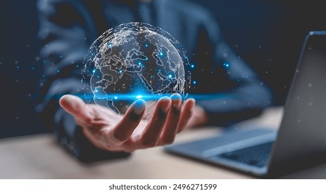 Big data analytics and business intelligence concept. Businessman holding Global network connection. World map point and line composition concept of global business.Digital link tech.
 - Powered by Shutterstock