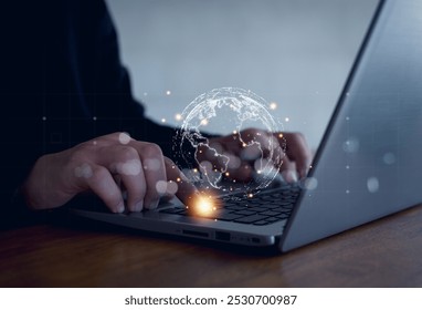  Big data analytics and business intelligence concept. World map point and line composition concept of global business.businessman holding Global network connection.