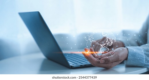 Big data analytics and business intelligence concept. Businessman holding Global network connection. World map point and line composition concept of global business.Digital link tech.