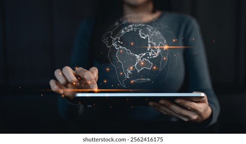 Big data analytics and business intelligence concept. Businessman holding Global network connection. World map point and line composition concept of global business.Digital link tech.