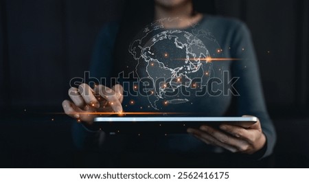 Big data analytics and business intelligence concept. Businessman holding Global network connection. World map point and line composition concept of global business.Digital link tech.