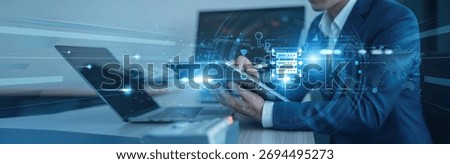 Big data, analytics Businessman using tab with analysis data of growth to power global connection, data processing, cloud storage, real-time insights