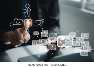 Big data analytics and dashboard interface for business transformation. Person using a touch screen for performance management. Smart industry and cloud computing technology on display.