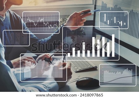 Big data analytics, financial charts, business team working on computer, Development and growth concept