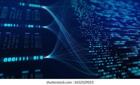 Big Data Analytics Neural Network Data Flow Visualization, AI Machine Learning, Quantum Computing, Binary Code Digital Grid, Futuristic Artificial Intelligence Technology Abstract Background