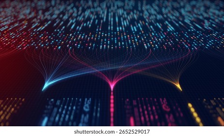 Big Data Analytics Neural Network Data Flow Visualization, AI Machine Learning, Quantum Computing, Binary Code Digital Grid, Futuristic Artificial Intelligence Technology Abstract Background