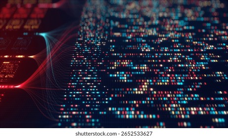 Big Data Analytics Neural Network Data Flow Visualization, AI Machine Learning, Quantum Computing, Binary Code Digital Grid, Futuristic Artificial Intelligence Technology Abstract Background
