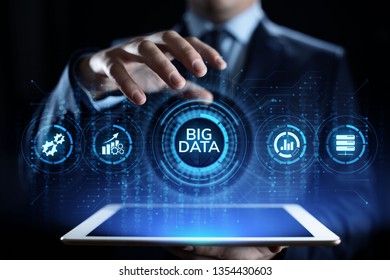 Big data analytics technology internet technology concept. Businessman pressing button on virtual screen.