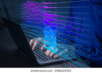 Big data analytics technology showcasing AI analysis for data-driven business intelligence. Visualization and insights with computing statistics for data science and processing software solutions.