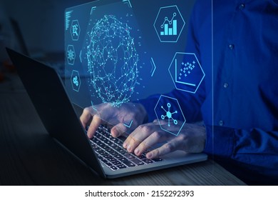 Big data and analytics visualization technology with scientist analyzing information structure on screen with machine learning to extract predictions for business, finance, internet of things - Shutterstock ID 2152292393