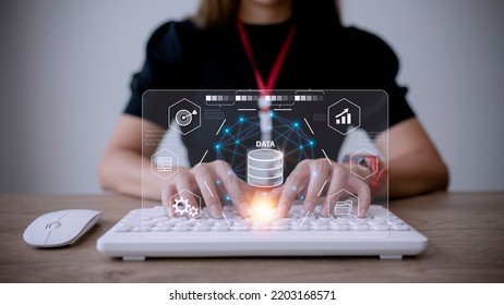 Big data and analytics visualization technology with scientist analyzing information structure on screen with machine learning to extract predictions for business, finance, internet of things