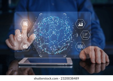 Big data analytics visualization technology with data scientist analyzing information on virtual screen with machine learning and AI. Data science, business analytics, finance, internet of things.