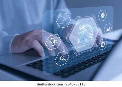 Big data analytics visualization technology by business people analyzes data structures on screen with machine learning to pull strategic forecasts for business, finance, internet of things. - Powered by Shutterstock - Get 15% off with code: PIKWIZARD15