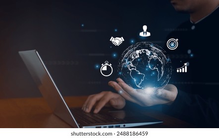 Big data and analytics visualization technology with scientist analyzing information structure on virtual screen,iot,  finance, machine learning to extract predictions for business.