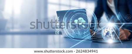 Big Data: Analytics, volume, velocity, variety, veracity. Businessman selects a checkbox and uses a laptop analyzing data graph growth on global network.
