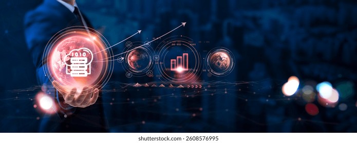 Big Data: Businessman hand holding globe with network connecting data of digital technology, data analytics, machine learning, predictive modeling, data-driven insights.