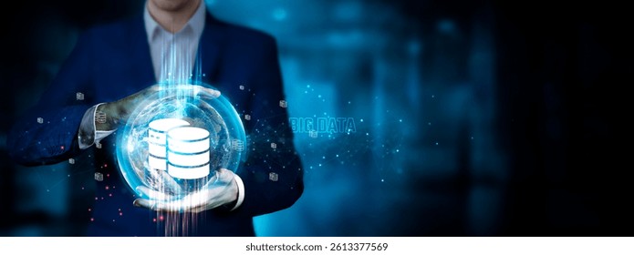 Big Data: Businessman holding innovation technology develop smart solution from digital interfaces, data analytics, predictive modeling. - Powered by Shutterstock - Get 15% off with code: PIKWIZARD15