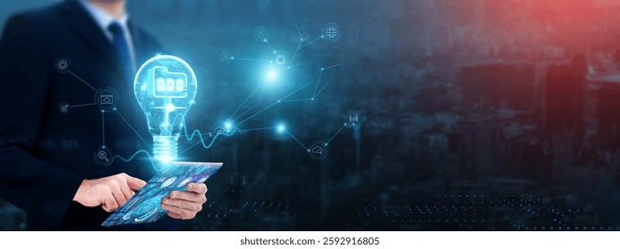 Big Data: Businessman using tablet with growth graph analyzing big data and analytics, trends, insights, patterns, efficiency, decision-making.