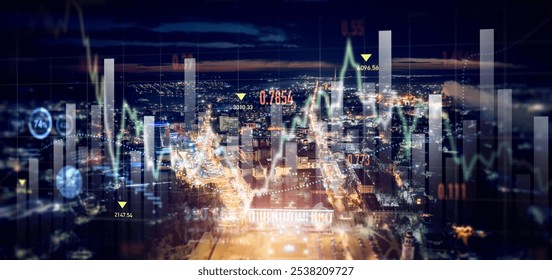Big data chart on city backdrop.Trade technology, and investment analysis.Business development, financial plan and strategy.Analysis finance graph and market chart investment.	