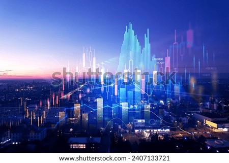 Big data chart on city backdrop.Trade technology, and investment analysis.Business development, financial plan and strategy.