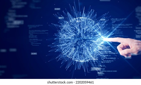 Big Data Collection Technology Concept It Is A Powerful Computing System That Can Handle Huge Amounts Of Data. Fingertips Touch Spheres Of Interconnected Polygons On A Dark Blue Background.