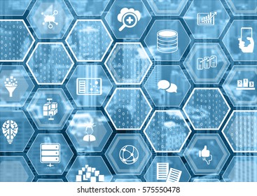 Big data concept as blurred background with hexagon shapes and symbols