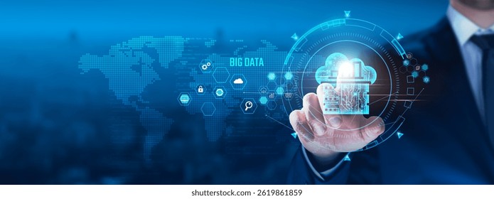 Big Data concept: Businessman touching Data icon on virtual interface, data visualization, cloud computing, real-time processing, machine learning. Data Insights.