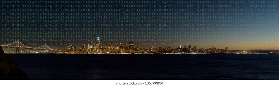 Big Data Concept With Computer Green Numbers Over Skyline Of San Francisco