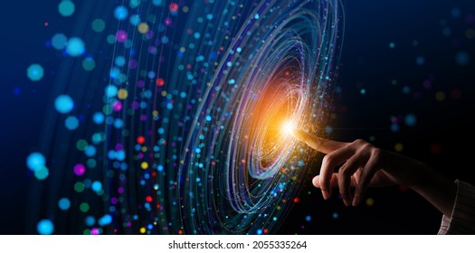 Big Data concept. Digital neural network.Business woman hand touching Introduction of artificial intelligence. Cyberspace of future.Science and innovation of technology.
