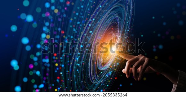 Big Data\
concept. Digital neural network.Business woman hand touching\
Introduction of artificial intelligence. Cyberspace of\
future.Science and innovation of\
technology.