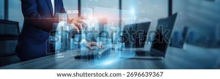 Big data concept. Hand touching advanced big data analytics engines, information connection on virtual screen processing storage visualization machine learning insights scalability intelligence.