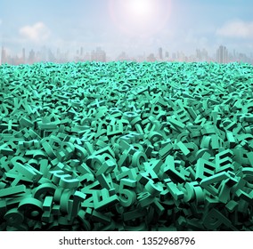 Big data concept, huge amount of green letters and numbers for background, with sunlight cityscapes.