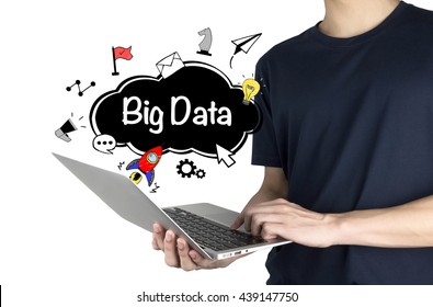 "Big Data Concept" with man using laptop computer looking for data or information