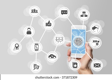 Big Data Concept In Order To Analyze Large Volume Of Information From Connected Mobile Devices. Hand Holding Smart Phone On White Background