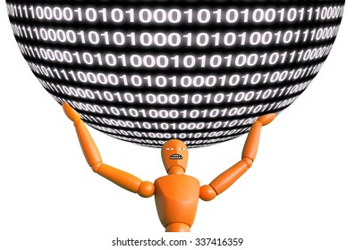 Big data concept puppet carries a huge data ball
