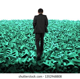 Big data concept, rear view of businessman walking on huge amount of 3d green letters and numbers background, isolated on white.
