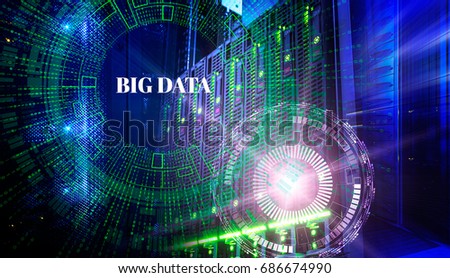 Big data concept. Servers and storage of modern data center with holograms technological background