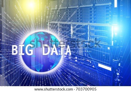 Big data concept. Servers and storage of modern data center with holograms technological background
