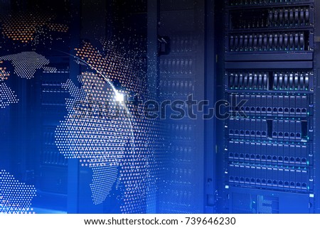 Big data concept. Servers and storage of modern data center with hologram planet earth