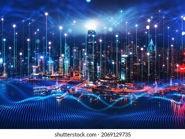Big data connection technology. Cityscape telecommunication  and communication network concept. Smart city and digital transformation. 
De-focused.  - Shutterstock ID 2069129735