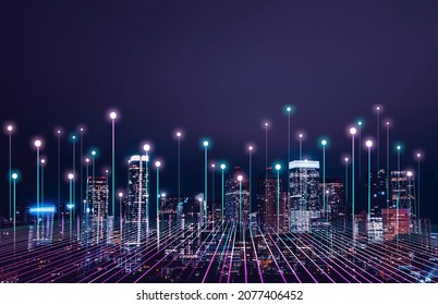 Big data connection technology. Cityscape telecommunication  and communication network concept. 
 - Shutterstock ID 2077406452