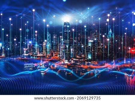 Big data connection technology. Cityscape telecommunication  and communication network concept. Smart city and digital transformation. 
De-focused. 