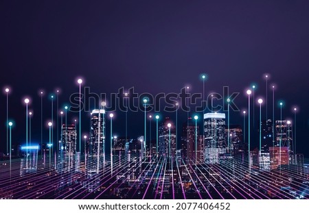 Big data connection technology. Cityscape telecommunication  and communication network concept. 
