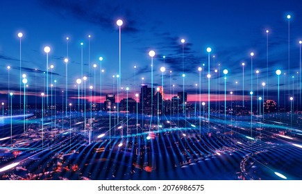  Big Data Connection Technology.Telecommunication  And Communication Network Concept. Smart City And Digital Transformation. 
